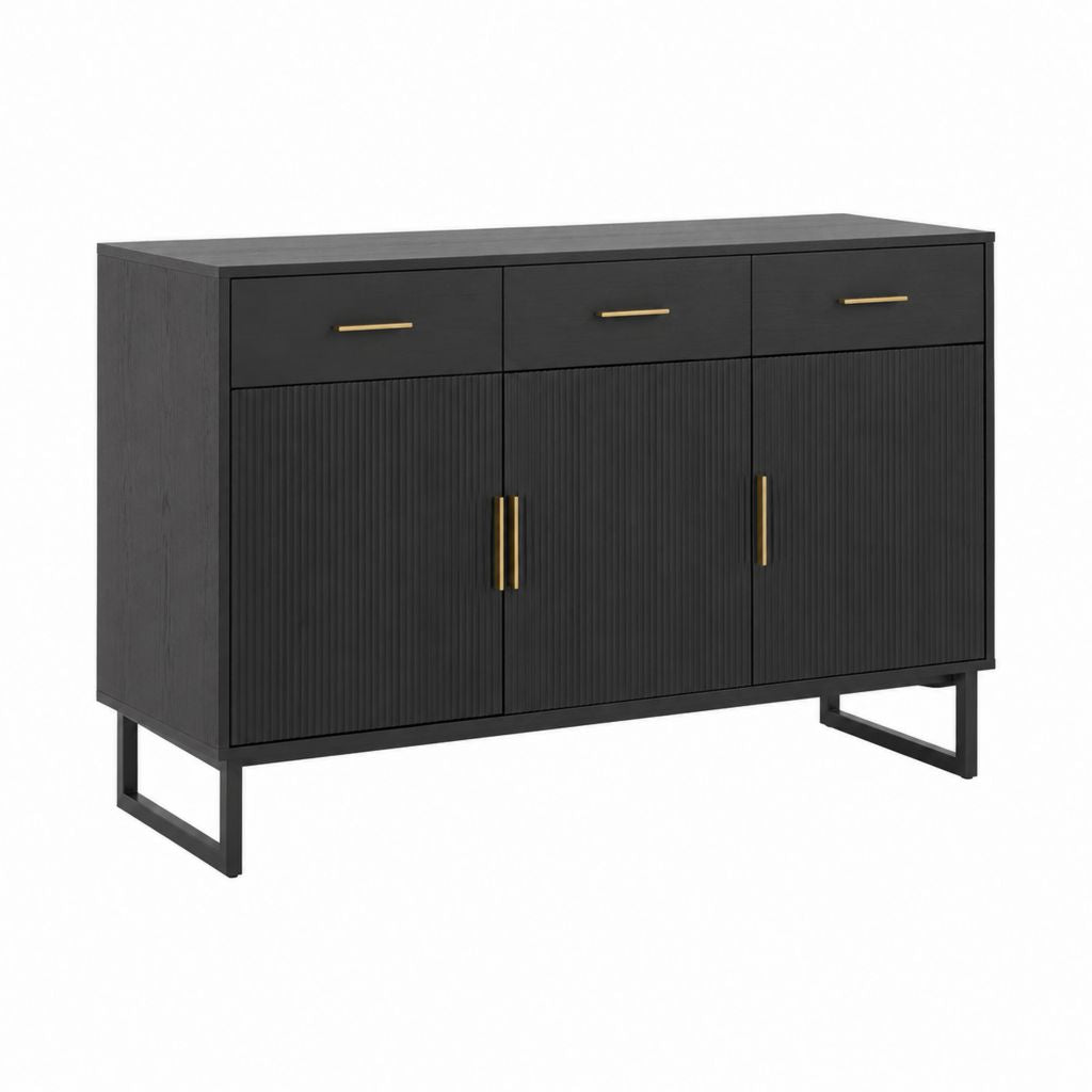 Credenza da pranzo nera in MDF con ante scanalate e 3 cassetti 120 x 40 x 80 cm