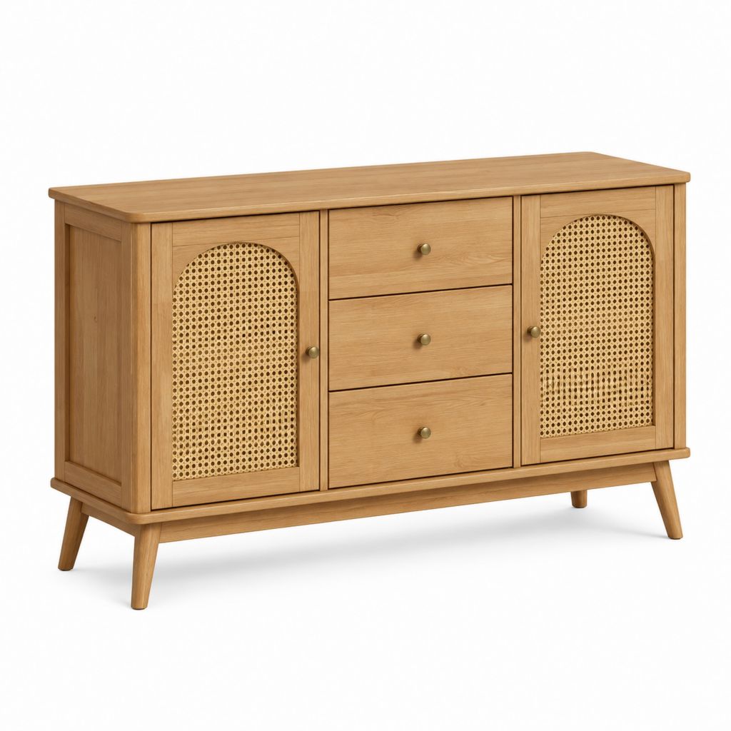 Credenza da sala da pranzo 2 ante e 3 cassetti rovere naturale e rattan rettangolare 120 x 40 x 80 cm