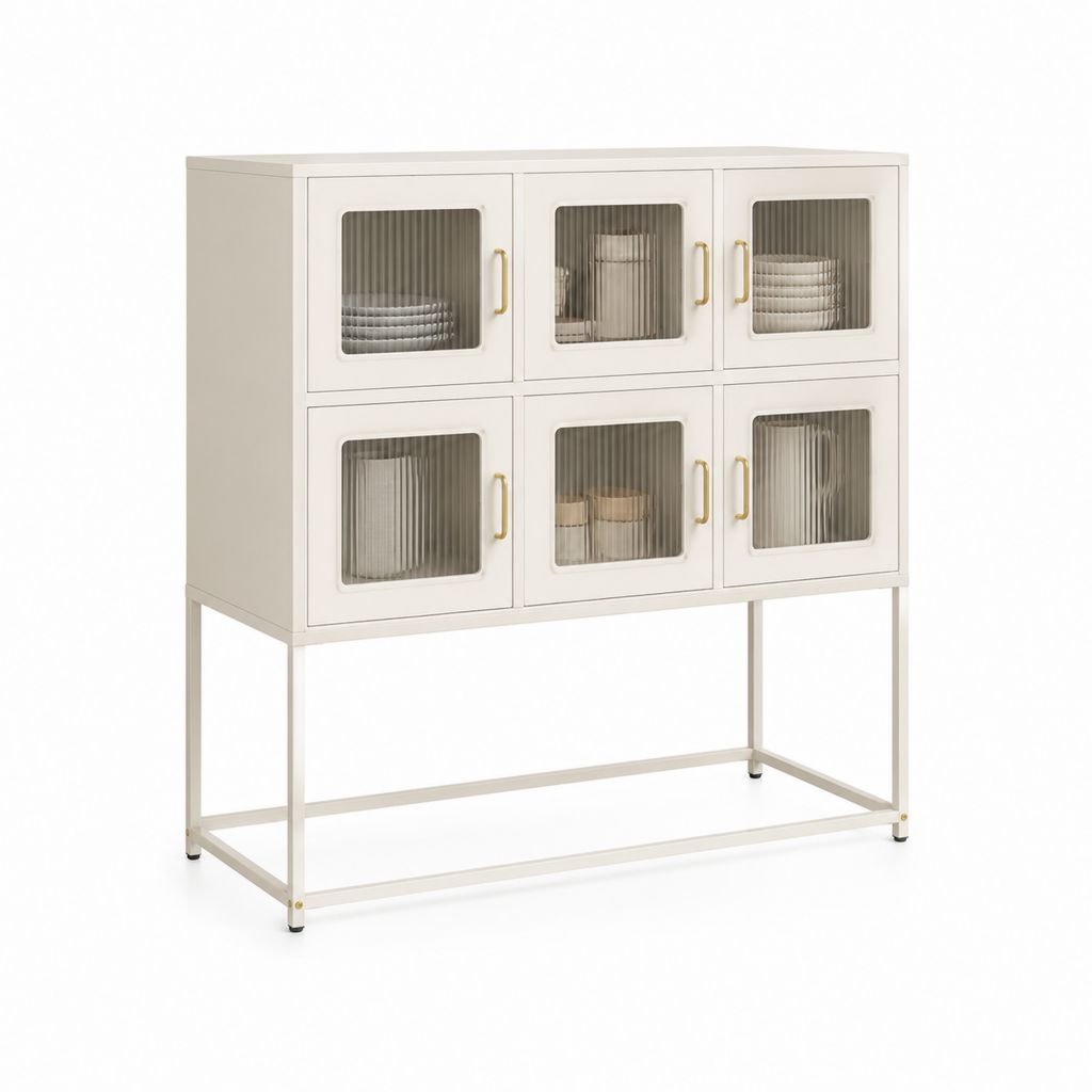 Credenza da sala da pranzo bianca in MDF e vetro scanalato 6 ante 120 x 40 x 120 cm