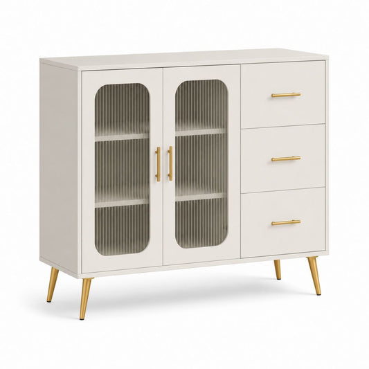 Credenza 2 ante 3 cassetti bianco in MDF e vetro scanalato 120 x 40 x 90 cm