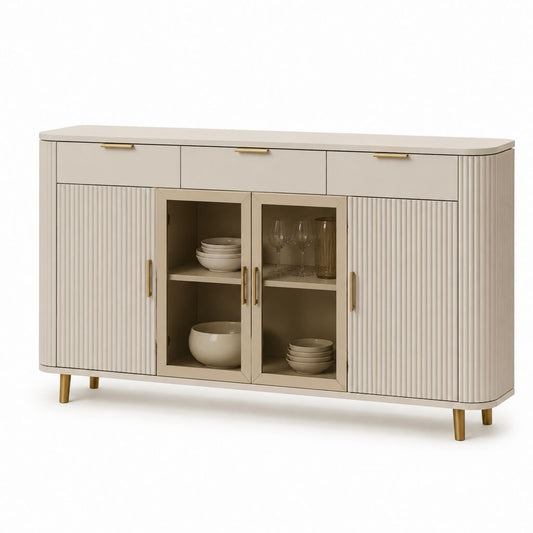 Credenza soggiorno beige in MDF con ante in vetro 160 x 40 x 90 cm