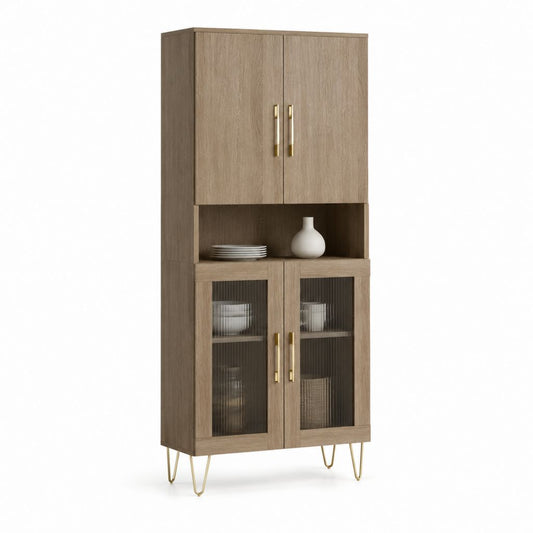 Vetrina credenza da sala da pranzo marrone rovere in pannello truciolare e vetro scanalato 80 x 40 x 180 cm