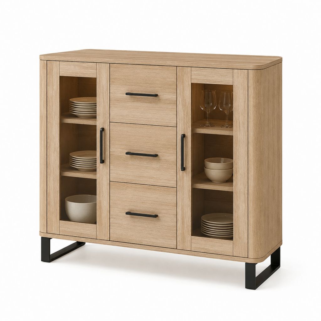 Credenza con vetrina 3 cassetti rovere chiaro in truciolare 140 x 40 x 110 cm