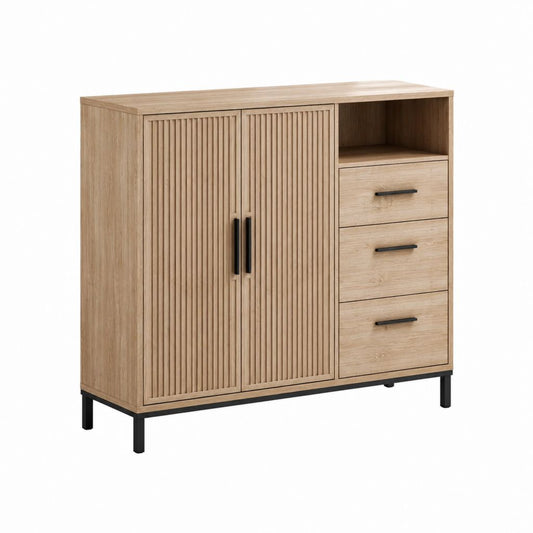 Credenza alta con 2 ante 3 cassetti e vano a giorno rovere chiaro in pannello truciolare 120 x 40 x 120 cm