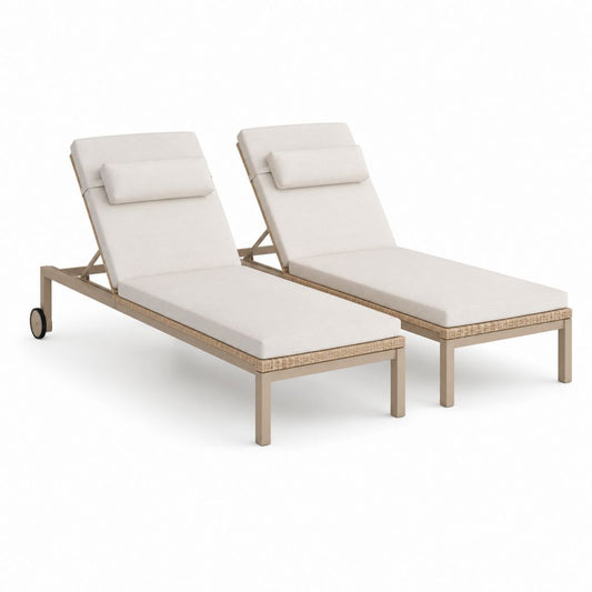 Set 2 lettini prendisole da giardino beige in alluminio e rattan PE 200 x 70 cm