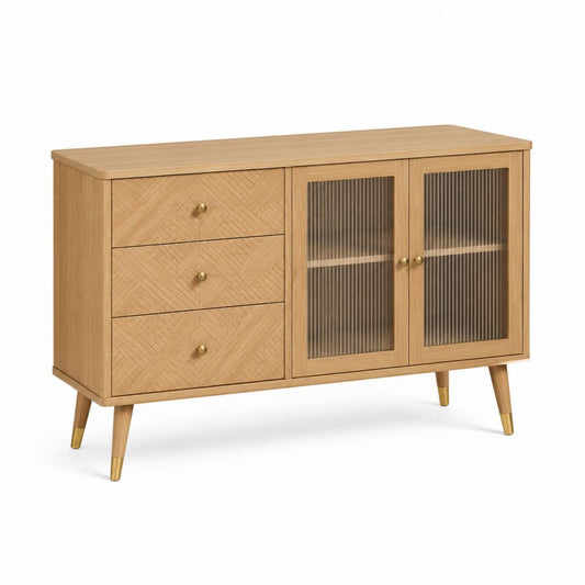 Credenza da sala da pranzo in rovere naturale con 3 cassetti e 2 ante in vetro rigato 120 x 40 x 80 cm