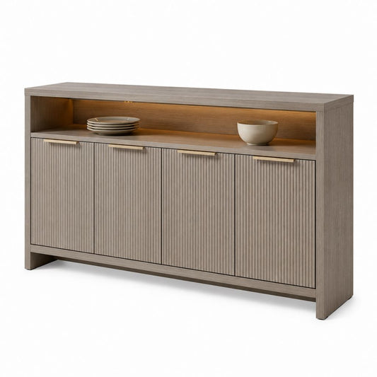 Credenza da sala da pranzo grigio rovere in MDF con 4 ante scanalate e vano a giorno 160 x 40 x 95 cm