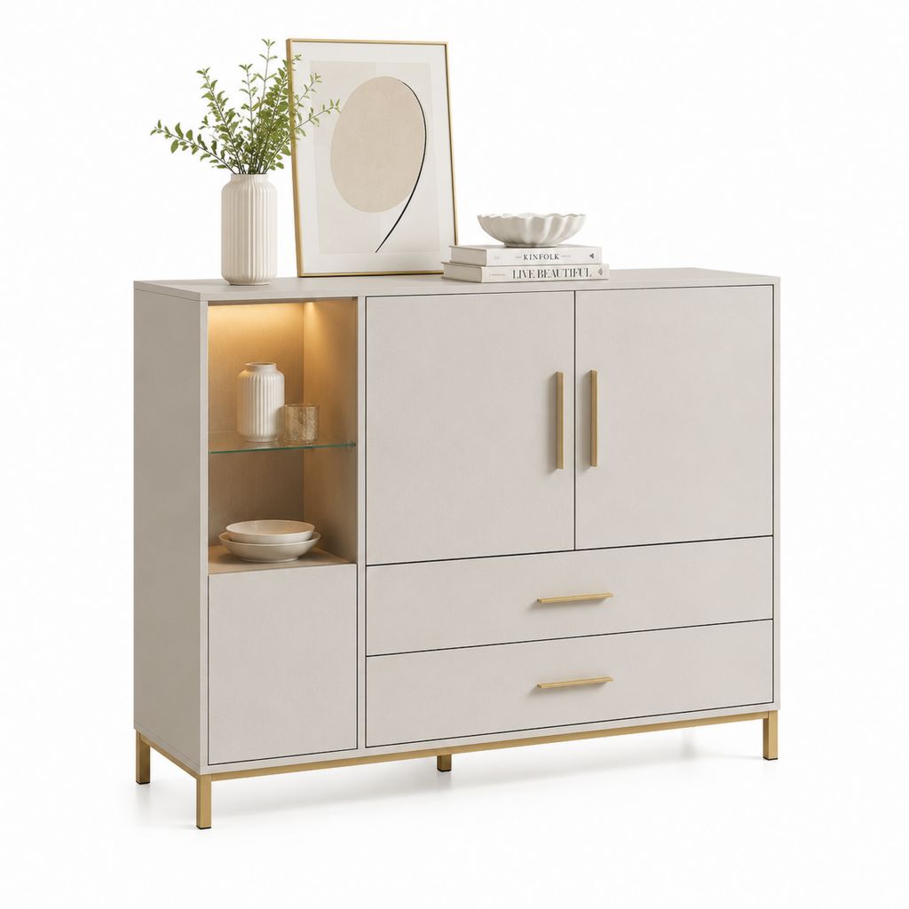 Credenza moderna avorio in MDF e vetro rettangolare 120 x 40 x 100 cm