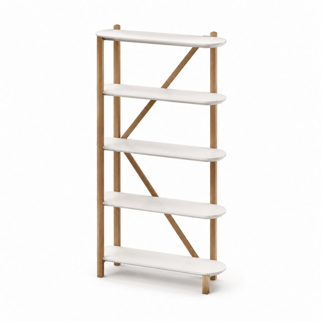 Libreria rettangolare a 5 ripiani bianca e naturale in bambù e MDF 80 x 30 x 180 cm