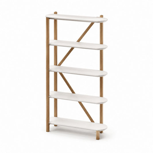 Libreria rettangolare a 5 ripiani bianca e naturale in bambù e MDF 80 x 30 x 180 cm