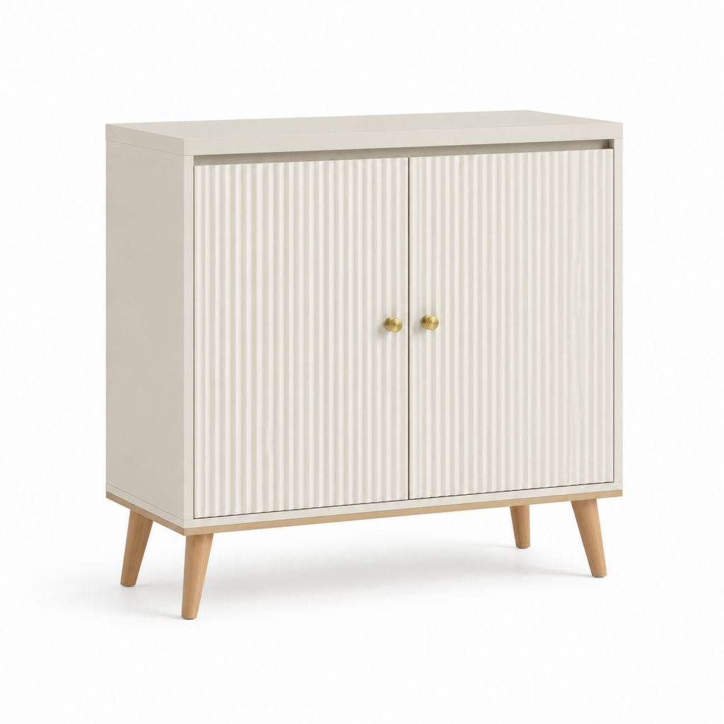 Credenza a 2 ante color crema in MDF con gambe in legno massello 80 x 40 x 90 cm