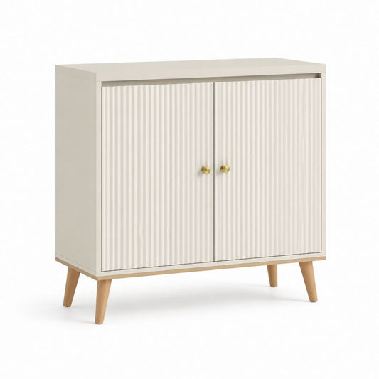 Credenza a 2 ante color crema in MDF con gambe in legno massello 80 x 40 x 90 cm