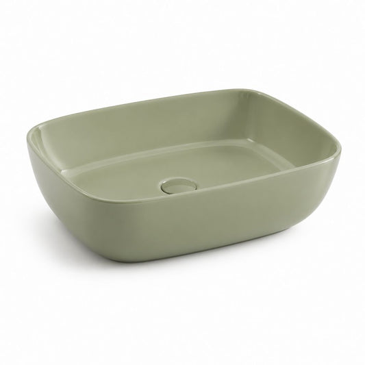 Lavabo da appoggio rettangolare arrotondato verde salvia in ceramica 48 x 38 x 14 cm