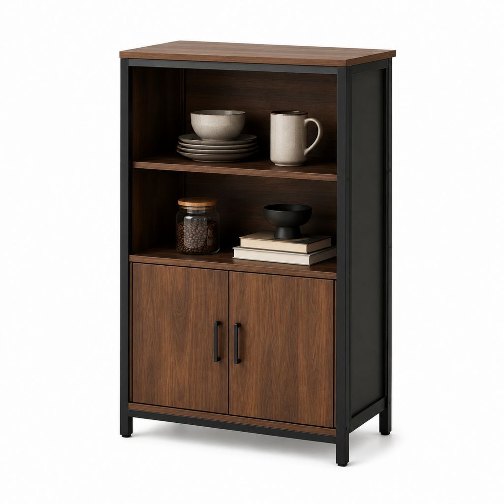 Credenza alta con ripiani aperti noce e nero in MDF e acciaio 80 x 40 x 120 cm