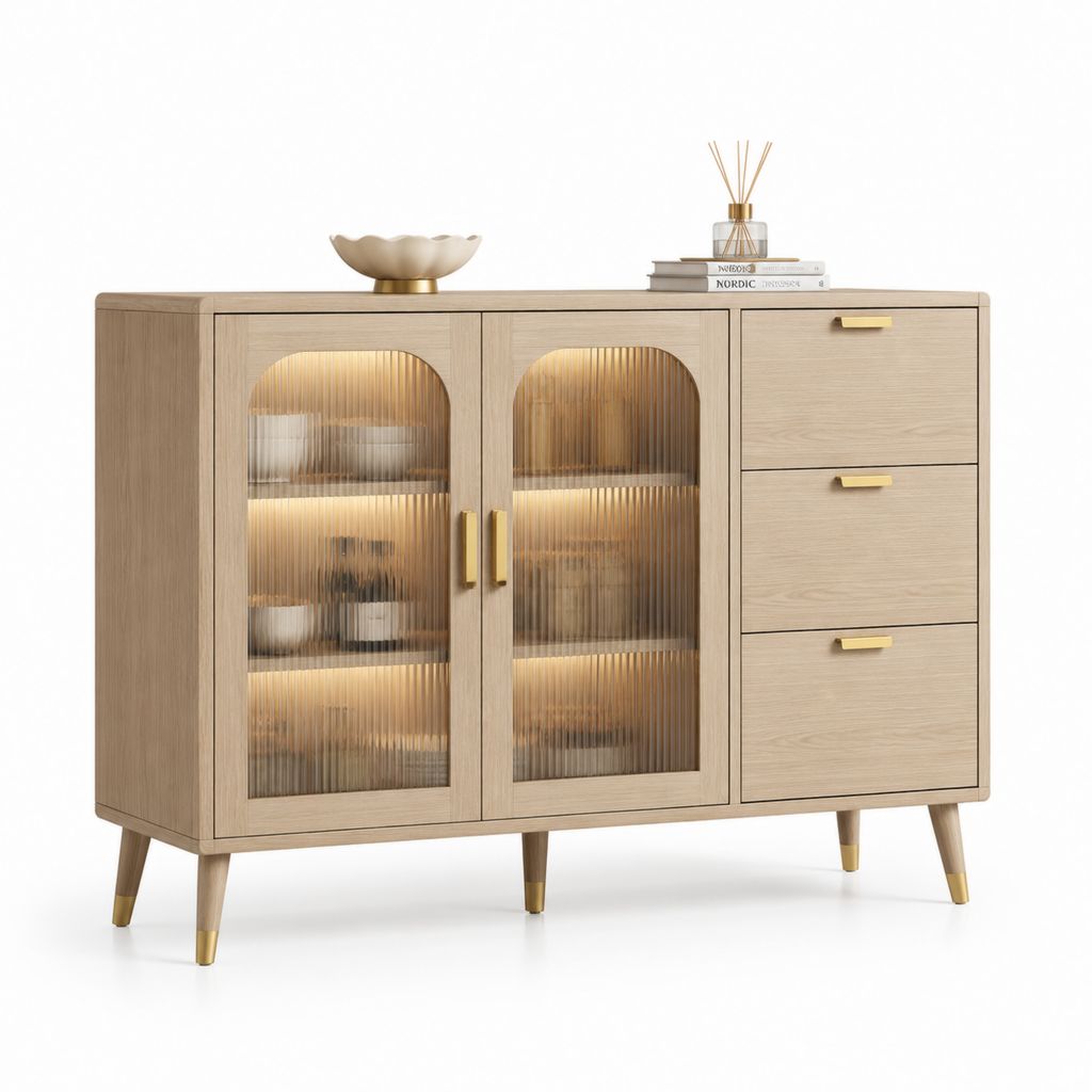 Credenza vetrina 120 x 40 x 100 cm rovere chiaro con vetro scanalato e 3 cassetti