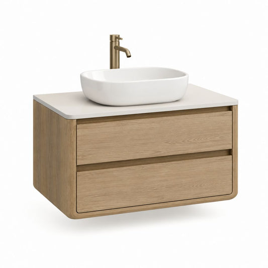 Mobile sottolavabo sospeso con lavabo da appoggio rovere chiaro e bianco 80 x 46 x 55 cm