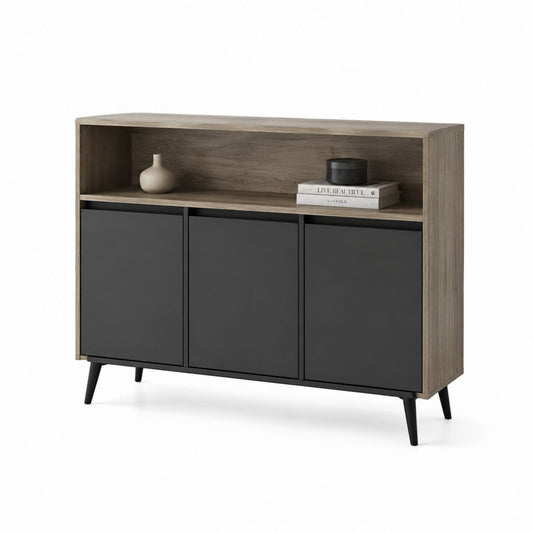 Credenza 3 ante con vano a giorno rovere grigio e nero 120 x 40 x 90 cm