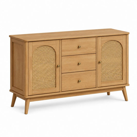 Credenza da sala da pranzo 2 ante e 3 cassetti rovere naturale e rattan rettangolare 120 x 40 x 80 cm