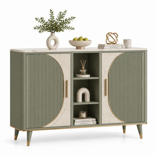 Credenza da sala da pranzo rettangolare verde salvia in MDF con ante scanalate 160 x 40 x 90 cm