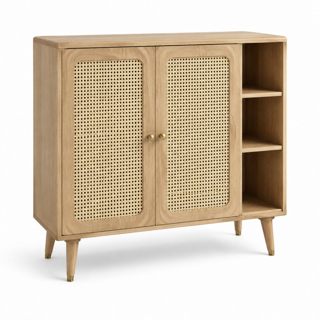 Credenza da sala da pranzo rovere naturale e rattan 100 x 40 x 105 cm