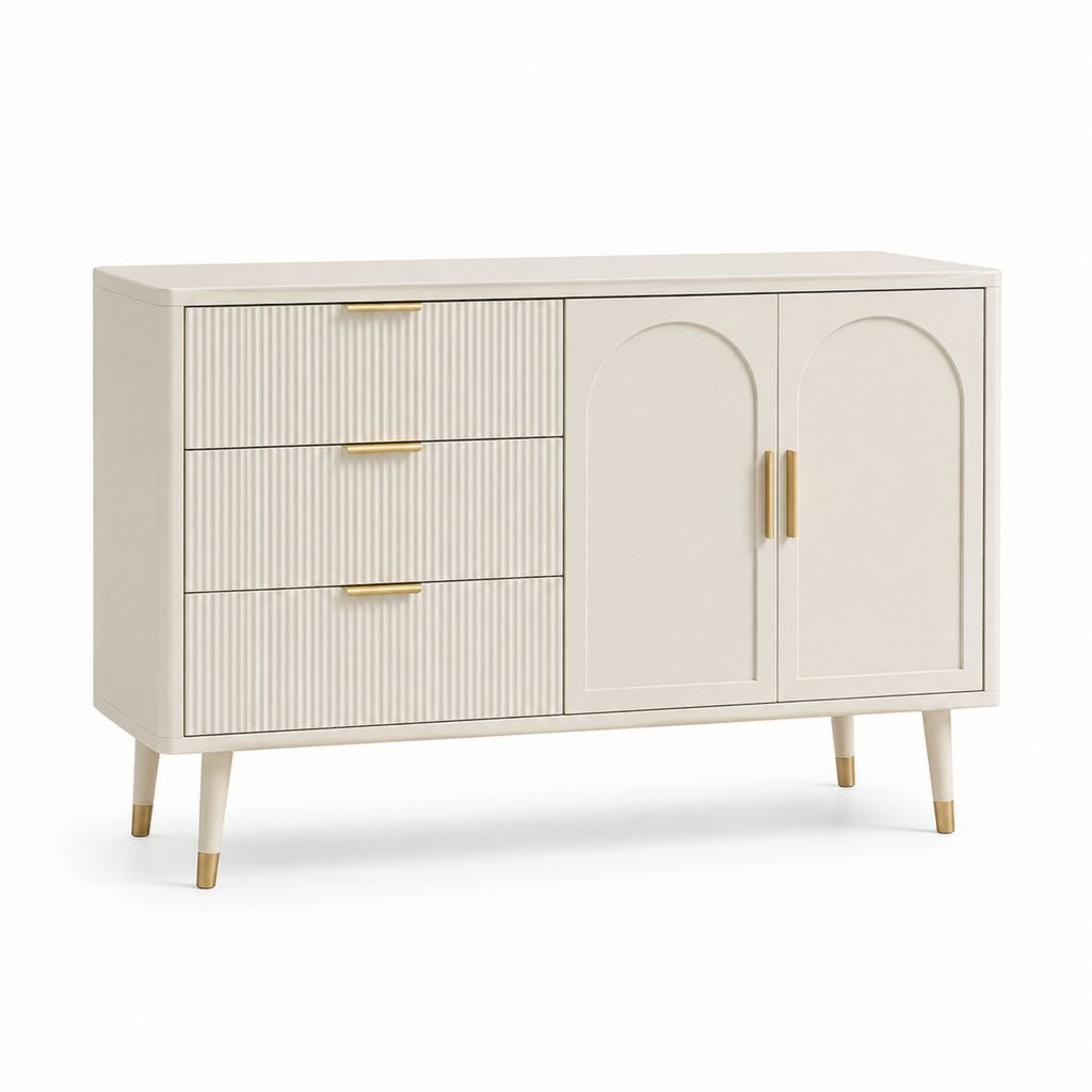 Credenza da sala da pranzo beige in MDF rettangolare con 3 cassetti e 2 ante 120 x 40 x 80 cm